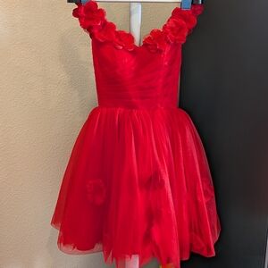 Red 3D Floral Tulle Party Dress | Corset Back | Fit & Flare | XS / 00